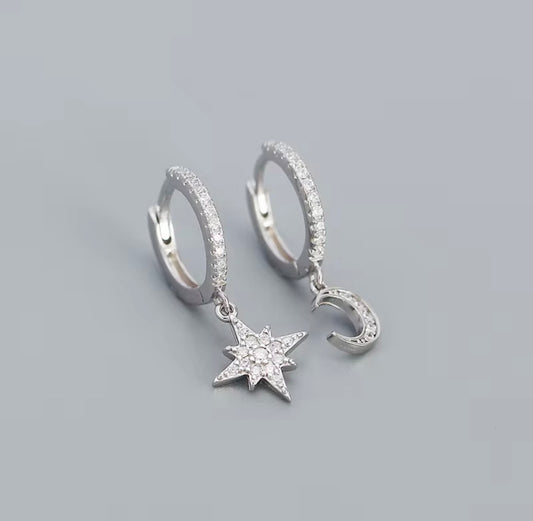 Cercei rotunzi Moon and Star din Argint 925