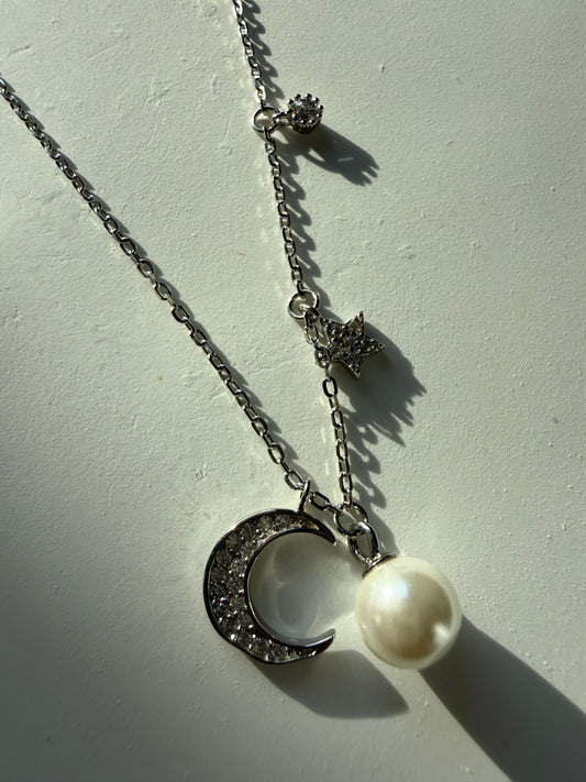 Colier cu stea, semiluna si perla din Argint 925